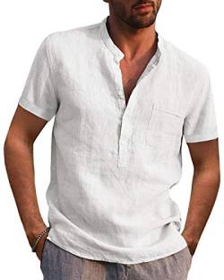 AUDATE Leinenhemd Herren Henley Shirt Herren Freizeithemden Kurzarm Hemd Baumwollehemd Shirt Weiß M von AUDATE