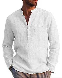 AUDATE Leinenhemd Herren Henley Shirt Herren Freizeithemden Langarm Hemd Baumwollehemd Shirt Weiß 3XL von AUDATE