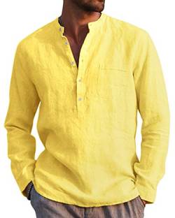 AUDATE Mens Shirts Langarm Leinenhemd Herren Hemd Loose Baumwolle Freizeithemden Tops Gelb M von AUDATE
