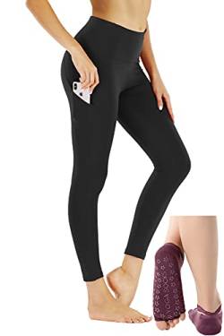 AUDORMY Damen Sport Leggings mit Taschen Socken Fitness Leggings Frauen High Waist Slim Fit Fitnesshose Lange Sportleggins Stretchhose Blickdicht Tights Sporthose für Gym, Laufen, Yoga, Training von AUDORMY