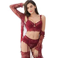 Babydoll Lingerie Sexy Spitze Unterwäsche Set Robe + BH + Höschen + Strümpfe + Y-Linie Träger + Tanga 7 Stück Für Dame-EIN_75B von AUFWH