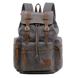 AUGUR Retro Segeltuch Rucksack, Canvas Vintage Rucksack Lederrucksack Herren Damen Laptop Daypack Schulrucksack (Large Grau) von AUGUR