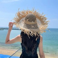 AUKUU Sonnenhut Hohler Hohler handgestrickter großkrempiger Strohhut mit Pelzkrempe für den Sommerreise Strandsonnenhut für Damen von AUKUU