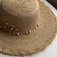 AUKUU Sonnenhut Perlen Perlen Sonnenhut für Damen vielseitiger flacher Strohhut mit großer Krempe Strandhut für Sommerreisen ans von AUKUU