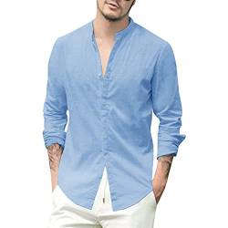 AUMELR Leinenhemd Herren Langarm Leichtes Sommerhemd Herren Hemd Herren Regular Fit Freizeithemd Blau Hemd Stehkragen Herren von AUMELR