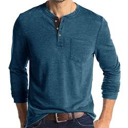 Henley-T-Shirt für Herren, langärmelig, Baumwolle, lässig, modisch, Tasche-blau, L von AUMELR