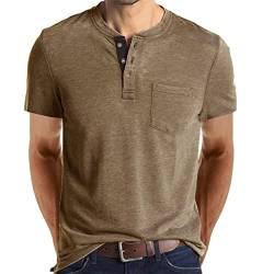 Herren Langarm T-Shirt Baumwolle Henley Shirts Casual Fashion T Shirts, Kurz-Khaki, XXL von AUMELR