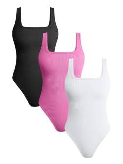 3-teilige Bodys für Frauen Gerippte ärmellose Tanktops mit quadratischem Ausschnitt (Color : Black, Size : M) von AUREIN