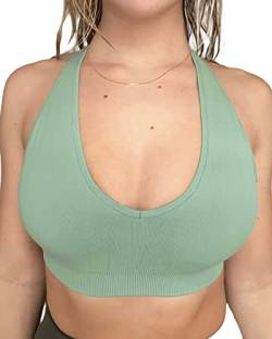 AUROLA Moon Nahtloser Sport-BH für Damen, Neckholder, rückenfrei, verstellbar, gepolstert, aktiv, Workout, Fitnessstudio, Yoga, bauchfreies Tanktop, Granitgrün, Medium von AUROLA