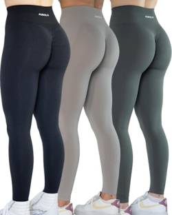 AUROLA Workout-Leggings für Damen, nahtlos, Scrunch-Strumpfhose, Bauchkontrolle, Fitnessstudio, Fitness, Mädchen, Sport, aktive Yogahose, Pack (Schwarz/Stahlgrau/Silberleuchte), X-Groß von AUROLA