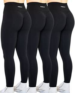 AUROLA Workout-Leggings für Damen, nahtlos, Scrunch-Strumpfhose, Bauchkontrolle, Fitnessstudio, Fitness, Mädchen, Sport, aktive Yogahose, Schwarz (3 Stück-Packung), M von AUROLA