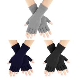 AURUZA 3 Paare Fingerlose Handschuhe Damen, Halbfinger Handschuhe Herren Damen Unisex Warme Winter Handschuhe für Männer Frauen (Black Grey Navy Blue) von AURUZA