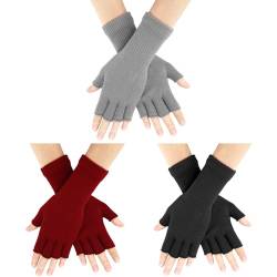 AURUZA 3 Paare Fingerlose Handschuhe Damen, Halbfinger Handschuhe Herren Damen Unisex Warme Winter Handschuhe für Männer Frauen (Black Grey Red) von AURUZA