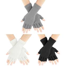 AURUZA 3 Paare Fingerlose Handschuhe Damen, Halbfinger Handschuhe Herren Damen Unisex Warme Winter Handschuhe für Männer Frauen (Schwarz Weiß Grau) von AURUZA