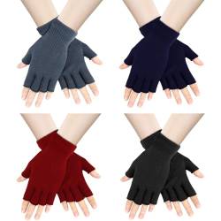 AURUZA 4 Paare Halbfinger Handschuhe Herren Winterhandschuhe Damen Unisex Warme Winter Fingerlose Handschuhe für Männer Frauen (Schwarz Dunkelgrau Marineblau Rot) von AURUZA