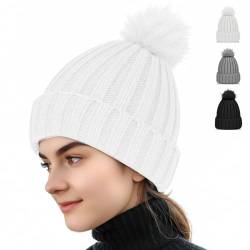 AURUZA Winter Beanie Hüte Herren Damen, Weiche Beanie warmem gefütterte Mode Warme Chunky Stretch Hüte, Dicke gestrickte Skimütze Warme Hut für kaltes Wetter Outdoor Aktivitäten Camping Wandern Weiß von AURUZA