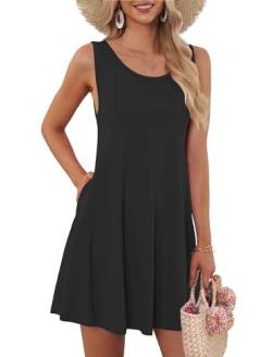 AUSELILY Damen Kleid Schwarz Sommer Rundhals Knielang Trägerkleid Kurz mit Taschen 2XL von AUSELILY