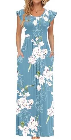 AUSELILY Damen Kleid mit Taschen Blumenmuster Lässiges Lockeres Sommer Rundhalsausschnitt Kurzarm Strandkleid(Hellblaue Blüten,L) von AUSELILY