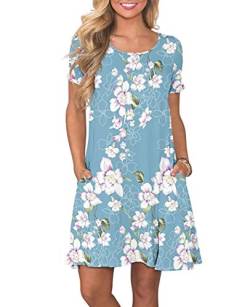 AUSELILY Damen Kleider Sommer Kurzarm Shirtkleider Kurz Sommerkleider Leicht Freizeitkleid mit Taschen Blumen Hellblau 2XL von AUSELILY
