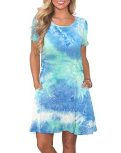 AUSELILY Damen Kleider Sommer Kurzarm Shirtkleider Kurz Sommerkleider Leicht Freizeitkleid mit Taschen GefäRbt Blau Grün Weiß 2XL von AUSELILY