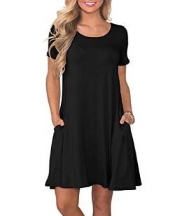 AUSELILY Damen Kleider Sommer Kurzarm Shirtkleider Kurz Sommerkleider Leicht Freizeitkleid mit Taschen Schwarz XL von AUSELILY