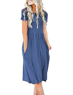 AUSELILY Damen Kleider Sommer Sommerkleider Knielang Kurzarm Freizeitkleid Schicke Shirtkleider mit Taschen (Beja Blau, L) von AUSELILY