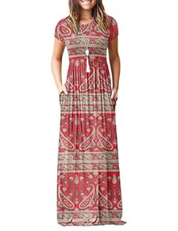 AUSELILY Damen Kurzarm Loose Casual Long Maxi Kleider mit Taschen(Boho Floral Red,XX-Large) von AUSELILY