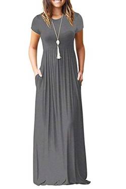 AUSELILY Damen Kurzarm Loose Casual Long Maxi Kleider mit Taschen(Hellgrau,Small) von AUSELILY