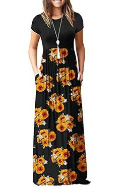 AUSELILY Damen Kurzarm Loose Casual Long Maxi Kleider mit Taschen(Schwarze Sonnenblumen,XX-Large) von AUSELILY