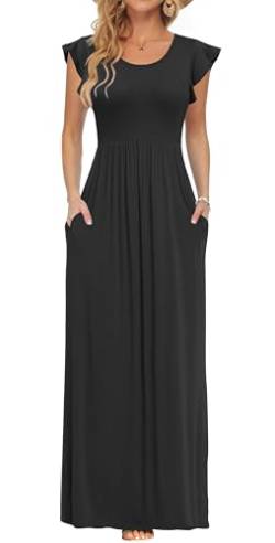 AUSELILY Damen Kurzarm Loose Hohe Taille Long Maxi Kleider mit Taschen Rundhalsausschnitt Eleganter Abendkleider Schwarzes XL von AUSELILY