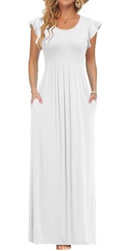 AUSELILY Damen Kurzarm Loose Hohe Taille Long Maxi Kleider mit Taschen Rundhalsausschnitt Eleganter Abendkleider Weiß XL von AUSELILY
