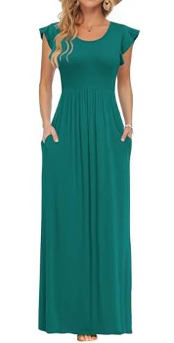 AUSELILY Damen Kurzarm Loose Hohe Taille Long Maxi Kleider mit Taschen Rundhalsausschnitt Sommer Eleganter Abendkleider (Grün,XL) von AUSELILY