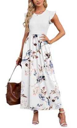 AUSELILY Damen Kurzarm Plissee Lässige Blumen Maxikleider mit Taschen Rundhalsausschnitt Freizeit Weiß Strandkleid Locker Large von AUSELILY