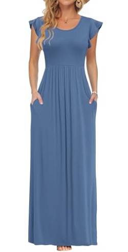 AUSELILY Damen Kurzarm Plissee Lässige Maxikleider mit Taschen Rundhalsausschnitt Sommer Freizeit Blau Strandkleid Large von AUSELILY