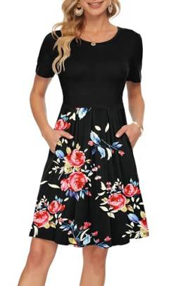 AUSELILY Damen Kurzarm Plissee Loose Swing Freizeitkleid mit Taschen Knielang(Schwarze Rose Schwarz,36-38) von AUSELILY