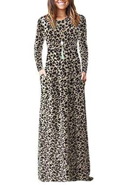 AUSELILY Damen Langarm Maxikleider Lässige Langkleider mit Taschen(2XL,Leopard) von AUSELILY