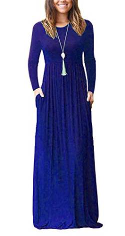AUSELILY Damen Langarm Maxikleider Lässige Langkleider mit Taschen(S,Königsblau) von AUSELILY