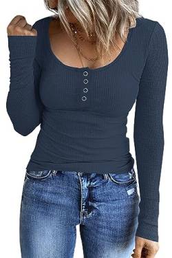 AUSELILY Damen Langarm T Shirt Lässige Strickpullover Knopfleiste Basic Oberteile Top Sweatershirt XL von AUSELILY