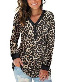 AUSELILY Damen Langarm V-Ausschnitt Knopfoberteile Henley Bluse Kausales Loses T-Shirt(Leopard mit geflecktem Muster,XL) von AUSELILY