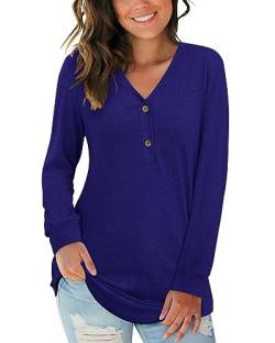 AUSELILY Damen Langarm V-Ausschnitt Knopfoberteile Henley Bluse Kausales Loses T-Shirt(Schatz Blau,L) von AUSELILY