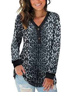 AUSELILY Damen Langarm V-Ausschnitt Knopfoberteile Henley Bluse Kausales Loses T-Shirt(Schneeleoparden-Print,L) von AUSELILY