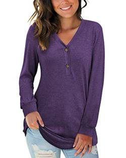 AUSELILY Damen Langarm V-Ausschnitt Knopfoberteile Henley Bluse Kausales Loses T-Shirt(Violett,M) von AUSELILY