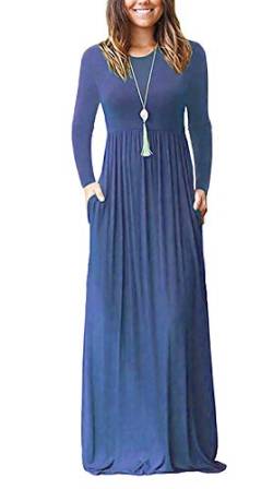 AUSELILY Damen Plus Size Langarm Maxikleider Lässige Langkleider mit Taschen(3XL,Beja Blue) von AUSELILY