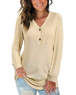 AUSELILY Damen Pullover Elegant V-Ausschnitt Langarm Shirts Freizeit Henley T Shirts Lose Tunika Oberteile für Herbst (Beige,2XL) von AUSELILY