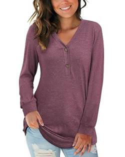 AUSELILY Damen Pullover Langarm V-Ausschnitt Knopf Tunika Oberteile Henley Blusen Kausales Lose T Shirts(Mauve,M) von AUSELILY