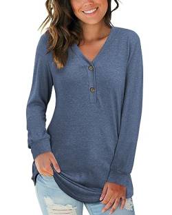 AUSELILY Damen Pullover Langarm V-Ausschnitt Knopf Tunika Oberteile Henley Blusen Kausales Lose T Shirts(Navy Blau,M) von AUSELILY