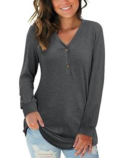 AUSELILY Damen Pullover Langarm V-Ausschnitt Knopf Tunika Oberteile Henley Blusen Kausales Lose T Shirts(Schwarzgrau,M) von AUSELILY