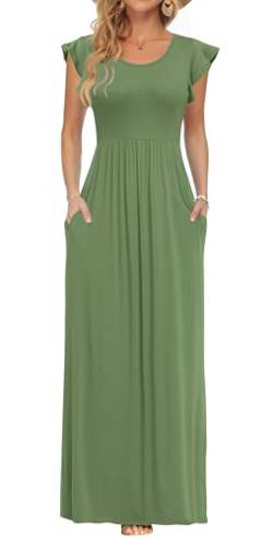 AUSELILY Damen Rüschen Kurzarm Loose Hohe Taille Long Maxi Kleider mit Taschen Rundhalsausschnitt Sommer Eleganter Abendkleider (Olivgrün,XL) von AUSELILY