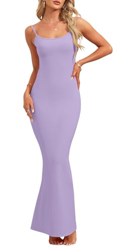 AUSELILY Damen Sexy Bodycon Kleid Elegantes ärmelloses Geripptes Figurbetontes Partykleid Spaghetti Strap Maxikleid Cocktailkleid Helles Lila M von AUSELILY