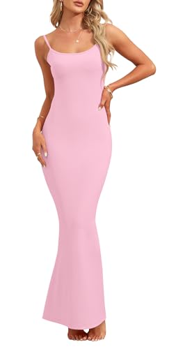 AUSELILY Damen Sexy Bodycon Kleid Elegantes ärmelloses Geripptes Figurbetontes Partykleid Spaghetti Strap Maxikleid Cocktailkleid Hellrosa L von AUSELILY